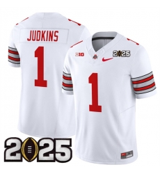 Men's Ohio State Buckeyes #1 Quinshon Judkins White 2025 CFP Final Patch F.U.S.E. Vapor Limited Stitched Football Jersey