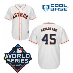 Mens Majestic Houston Astros 45 Carlos Lee Replica White Home Cool Base Sitched 2019 World Series Patch Jersey