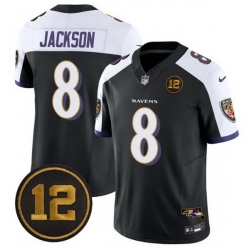 Men Baltimore Ravens 8 Lamar Jackson Black Alternate 2025 F U S E  Jacoby Jones Patch Vapor Limited Football Jersey