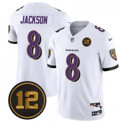 Men Baltimore Ravens 8 Lamar Jackson Purple Alternate 2025 F U S E  Jacoby Jones Patch Vapor Limited Football Jersey