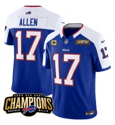 Men Buffalo Bills 17 Josh Allen Blue White 2023 F U S E  AFC East Champions With 4 Star C Ptach Stitched Football Jersey