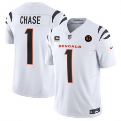 Men Cincinnati Bengals 1 Ja'Marr Chase White 2023 F U S E  With John Madden Patch And 1 Star C Patch Vapor Limited Stitched Football Jersey