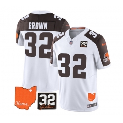 Men Cleveland Browns 32 Jim Brown White Brown 2023 F U S E  With Jim Brown Memorial Patch Vapor Untouchable Limited Stitched Jersey