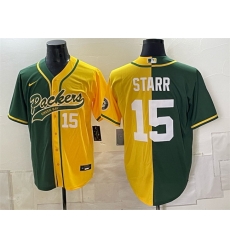 Men Green Bay Packers  15 Bart Starr Green Gold Split Cool Base Stitched Baseball Jersey