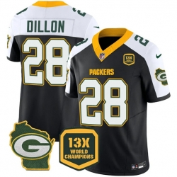 Men Green Bay Packers 28 AJ Dillon Black White 2023 F U S E  Home Patch 13 Time World Champions Vapor Untouchable Limited Stitched Football Jersey