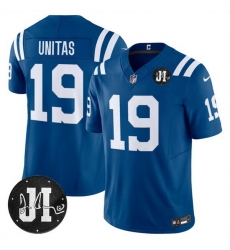 Men Indianapolis Colts 19 Johnny Unitas Blue 2025 F U S E  Jim Irsay Patch Vapor Limited Stitched Football Jersey Men Indianapolis Colts 19 Johnny Unitas Blue 2025 F U S E  Jim Irsay Patch Vapor Limited Stitched Football Jersey