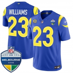 Men Los Angeles Rams  Kyren Williams Royal 2026 F U S E  4 Star C Patch And Melbourne Game Patch Vapor Limited Stitched Football Jersey