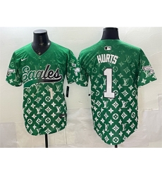 Men Philadelphia Eagles 1 Jalen Hurts Green With Patch Limited Stitched Baseball Jersey