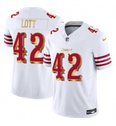 Men San Francisco 49ers 42 Ronnie Lott White Gold 2025 F U S E Rivalries Vapor Limited Stitched Football Jersey Men San Francisco 49ers 42 Ronnie Lott White Gold 2025 F U S E Rivalries Vapor Limited Stitched Football Jersey