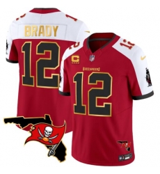 Men Tampa Bay Buccaneers 12 Tom Brady Red White F U S E  With 4 Star C Ptach And Florida Patch Gold Trim Vapor Stitched Jersey