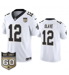Men New Orleans Saints 12 Chris Olave White 2026 F U S E 60th Anniversary Patch Vapor Limited Football Stitched Jersey Men New Orleans Saints 12 Chris Olave White 2026 F U S E 60th Anniversary Patch Vapor Limited Football Stitched Jersey