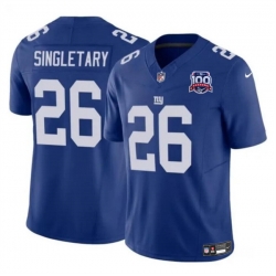 Men New York Giants 26 Devin Singletary Blue 2024 F U S E  100TH Season Patch Vapor Untouchable Limited Stitched Jersey