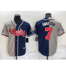 Men Atlanta Braves 7 Dansby Swanson Gray Navy Two Tone Split Cool Base Stitched Baseball Jersey