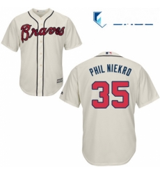 Mens Majestic Atlanta Braves 35 Phil Niekro Replica Cream Alternate 2 Cool Base MLB Jersey