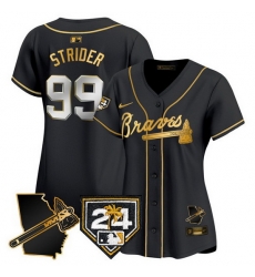 Women Atlanta Braves 99 Spencer Strider Black Gold 2024 Spring Training  26 Georgia Patch Vapor Limited Stitched Baseball Jersey 