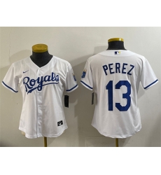 Women Kansas City Royals 13 Salvador Perez White Cool Base Stitched Jersey 