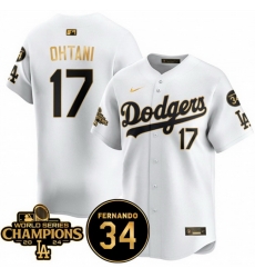 Men Los Angeles Dodgers 17 Shohei Ohtani White Gold 2024 World Series Champions  26 Fernando Memorial Patch Vapor Premier Limited Stitched Baseball Jersey