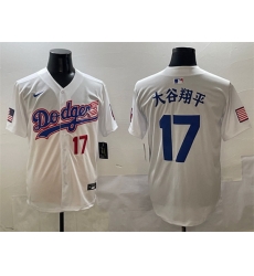 Men Los Angeles Dodgers 17 Shohei Ohtani White With American Flag Patch Limited Stitched Baseball Jersey