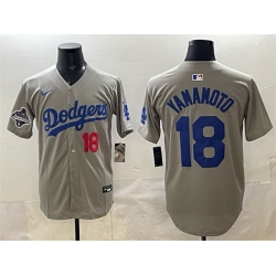 Men Los Angeles Dodgers 18  Yoshinobu Yamamoto Grey 2025 World Series Champions Patch Limited Stitched Baseball Jersey
