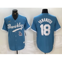 Men Los Angeles Dodgers 18  Yoshinobu Yamamoto Light Blue Throwback Cool Base Stitched Baseball Jerseys
