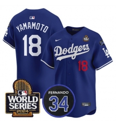 Men Los Angeles Dodgers 18 Yoshinobu Yamamoto Royal 2024 World Series With Fernando Memorial Patch Limited Stitched Baseball Jersey