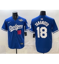 Men Los Angeles Dodgers 18  Yoshinobu Yamamoto Royal 2025 World Series Patch Limited Stitched Baseball Jersey