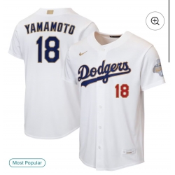 Men Los Angeles Dodgers  18 Yoshinobu Yamamoto White 2026 Chapions Gold Collection  Stitched Baseball Jersey
