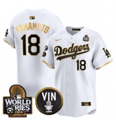 Men Los Angeles Dodgers 18 Yoshinobu Yamamoto White Gold 2024 World Series Patch VIN Patch Alternate Limited Stitched Baseball Jersey