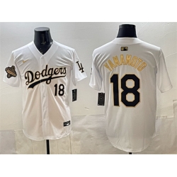 Men Los Angeles Dodgers 18 Yoshinobu Yamamoto White Gold 2025 World Series Champions Patch Limited Stitched Baseball Jersey