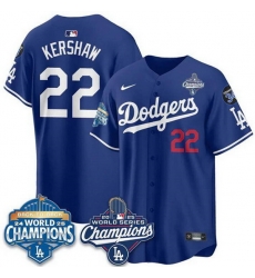 Men Los Angeles Dodgers 22 Clayton Kershaw Royal 2025 World Series Champions  26 Back to Back Champions With No 34 Patch Limited Stitched Baseball Jersey