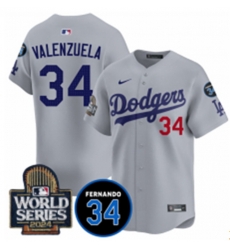 Men Los Angeles Dodgers 34 Toro Valenzuela Grey 2024 World Series With Fernando Memorial Patch Limited Stitched Baseball Jersey