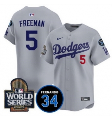 Men Los Angeles Dodgers 5 Freddie Freeman Grey 2024 World Series With Fernando Memorial Patch Limited Stitched Baseball Jersey