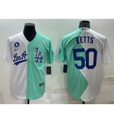 Men Los Angeles Dodgers 50 Mookie Betts 2022 All Star White  Green Cool Base Stitched Baseball Jersey