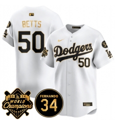 Men Los Angeles Dodgers 50 Mookie Betts White Gold 2024 World Champions  26 Fernando Memorial Patch Vapor Premier Limited Stitched Baseball Jersey