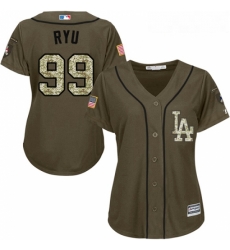 Womens Majestic Los Angeles Dodgers 99 Hyun Jin Ryu Replica Green Salute to Service MLB Jersey