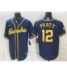 Men Milwaukee Brewers  12 Cooper Pratt Navy Stitched Baseball Jersey