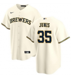 Men Milwaukee Brewers 35 Jakob Junis Cream Cool Base Stitched Jersey