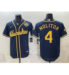 Men Milwaukee Brewers  4 Paul Molitor Navy With Home   Bob Uecker Patch Limited Stitched Baseball Jersey