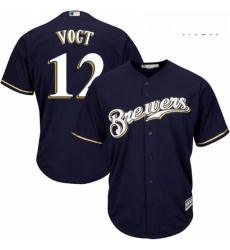 Mens Majestic Milwaukee Brewers 12 Stephen Vogt Replica Navy Blue Alternate Cool Base MLB Jersey 