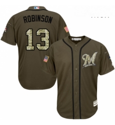 Mens Majestic Milwaukee Brewers 13 Glenn Robinson Replica Green Salute to Service MLB Jersey