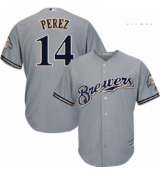 Mens Majestic Milwaukee Brewers 14 Hernan Perez Replica Grey Road Cool Base MLB Jersey 