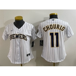 Women Milwaukee Brewers  11 Jackson Chourio White Cool Base Stitched Jersey Run Small 