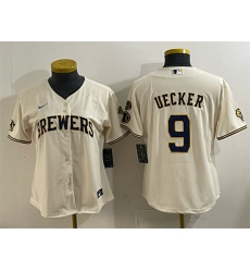 Women Milwaukee Brewers 9 Bob Uecker Cream With Home  26 Bob Uecker Patch Stitched Jersey 28Run Small 29