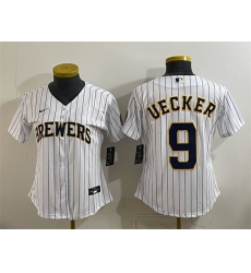Women Milwaukee Brewers  9 Bob Uecker White Cool Base Stitched Jersey Run Small 