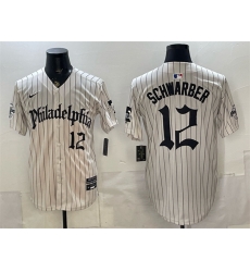 Men Philadelphia Phillies  12 Kyle Schwarber Cream Pinstripe Gothic Vapor Limited Stitched Jersey