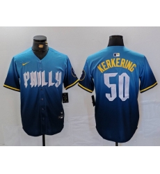 Men Philadelphia Phillies 50 Orion Kerkering Blue 2024 City Connect Limited Stitched Jersey 5