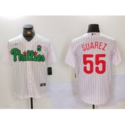 Men Philadelphia Phillies 55 Ranger Suarez White Green Cool Base Stitched Jersey 2