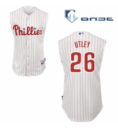 Mens Majestic Philadelphia Phillies 26 Chase Utley Authentic WhiteRed Strip Vest Style MLB Jersey