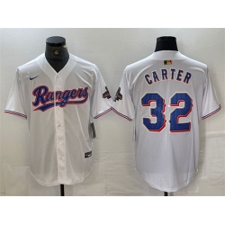 Men Texas Rangers 32 Evan Carter White Gold Cool Base Stitched Baseball Jersey