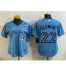 Women Toronto Blue Jays 22 Ernie Clement Blue 2025 World Series Cool Base Stitched Baseball Jersey Women Toronto Blue Jays 22 Ernie Clement Blue 2025 World Series Cool Base Stitched Baseball Jersey